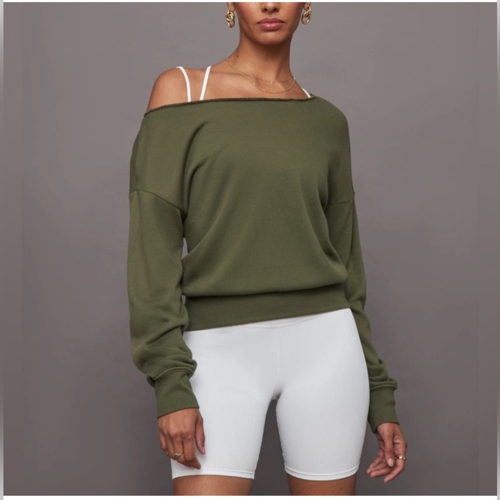 Carbon38 Olive Green Off-Shoulder Sweatershirt, NWT